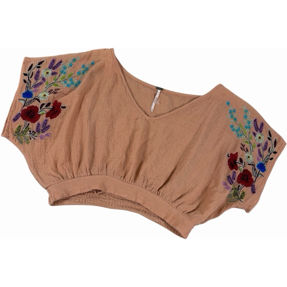 Free People Womens Floral Embroidered Cropped V-Neck Top Pink Blouse Size 4